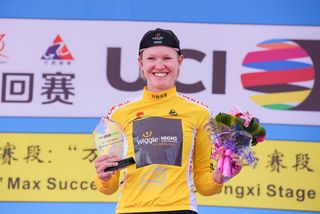 Jolien D'Hoore atop the final podium at the Tour of Chongming Island