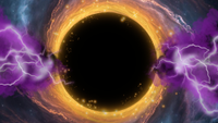 An illustration shows dark matter clustering around a supermassive black hole