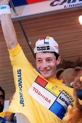 Frenchman JeanFrancois Bernard wearing yellow jersey of the overall TDF leader smiles 19 July 1987 after he won the 18th stage between CarpentrasBdoinMont Ventoux of the 74th Tour de France taking place from 01 July to 26 July AFP PHOTO PASCAL PAVANI Photo credit should read PASCAL PAVANIAFP via Getty Images