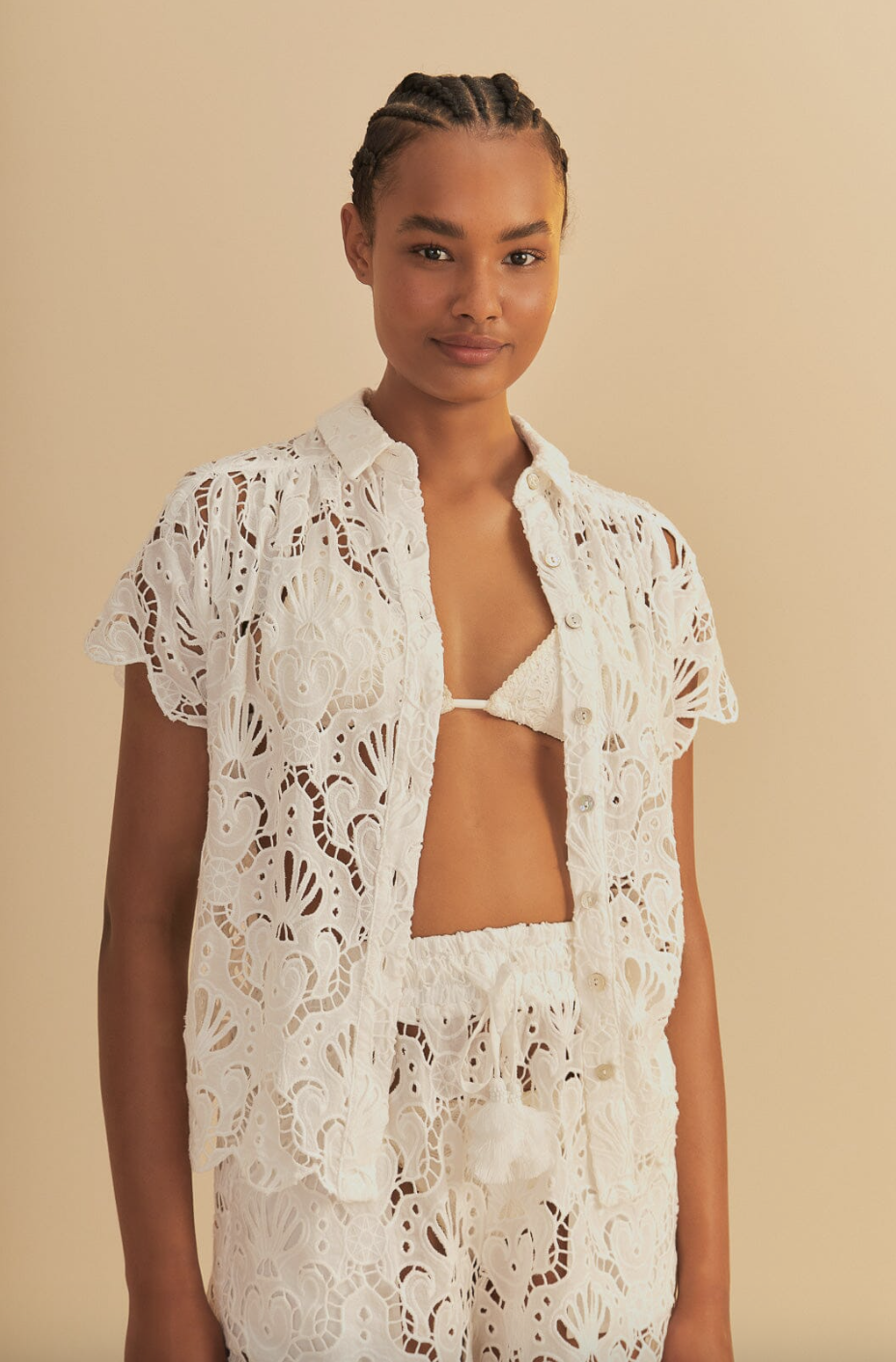 Farm Rio, White Seashell Eyelet Shirt