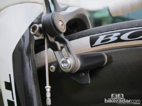 Pad adjustment is nearly maxed out on the Trek Domane front end, giving an indication as to its tire clearance