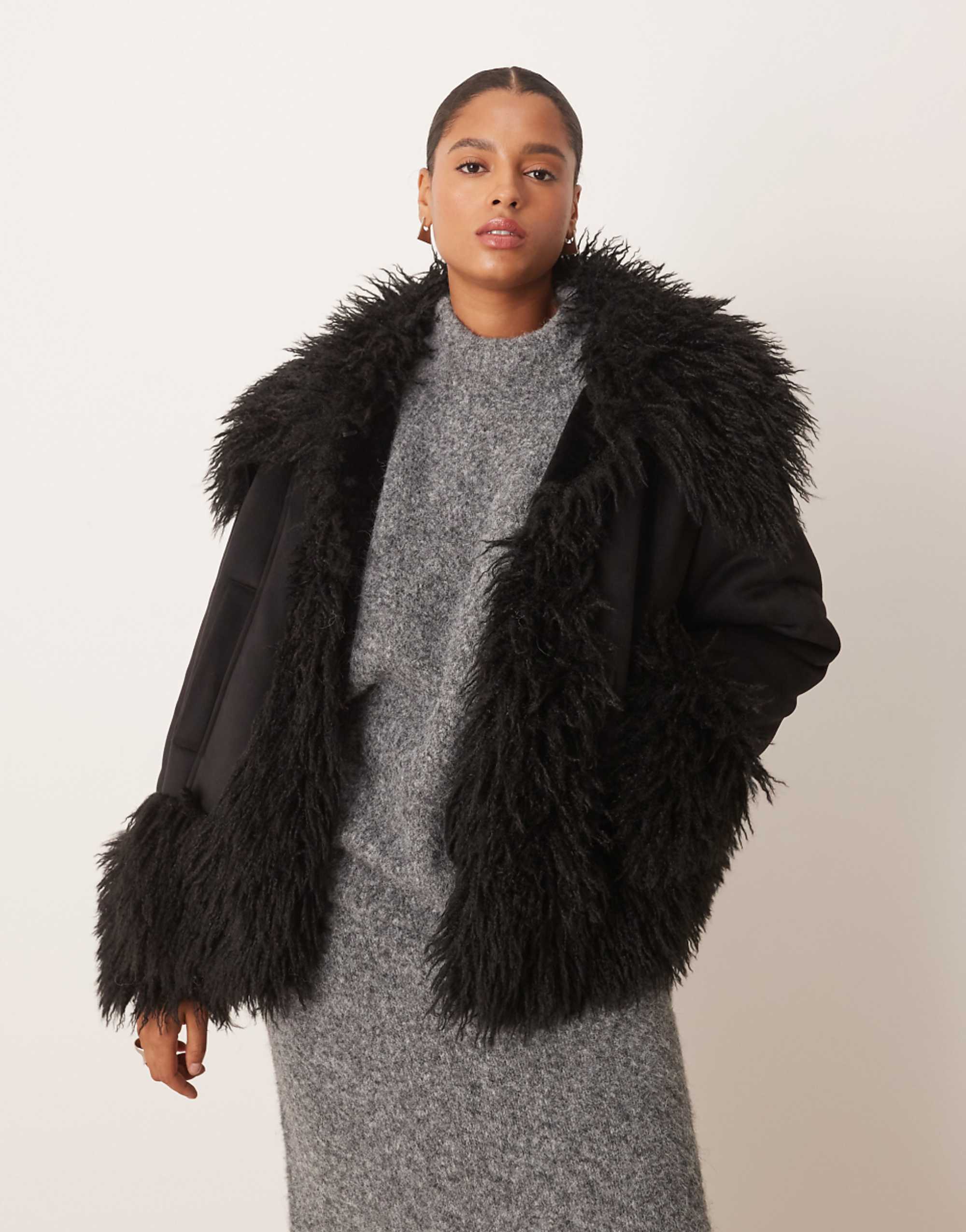 Asos Design Curve Penny Lane Faux Fur Trim Coat in Black
