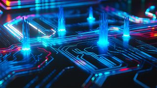 AI energy usage concept image showing illuminated energy shards rising from circuit board.