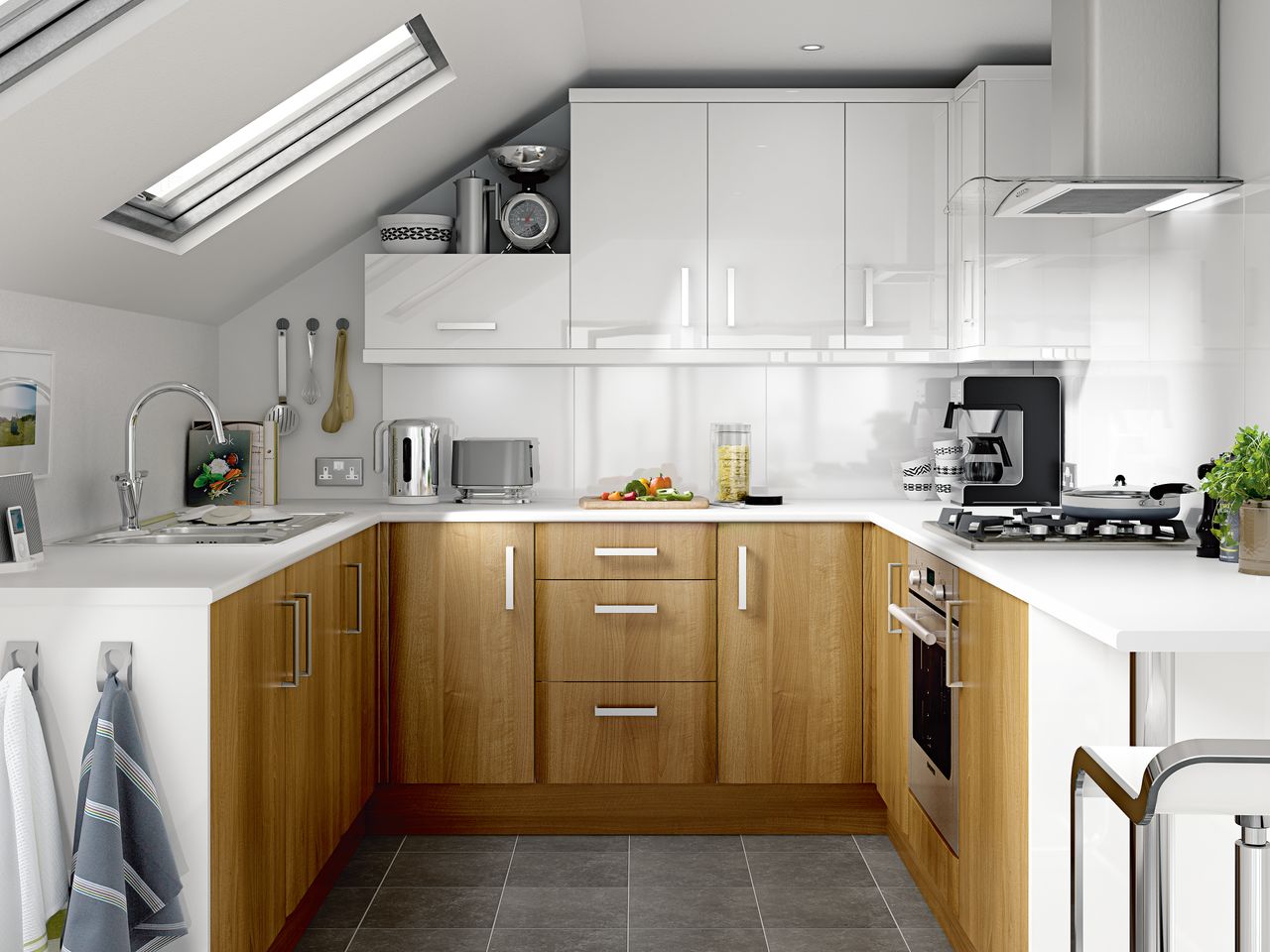 small kitchen in an awkward space with wood finish and white cabinets