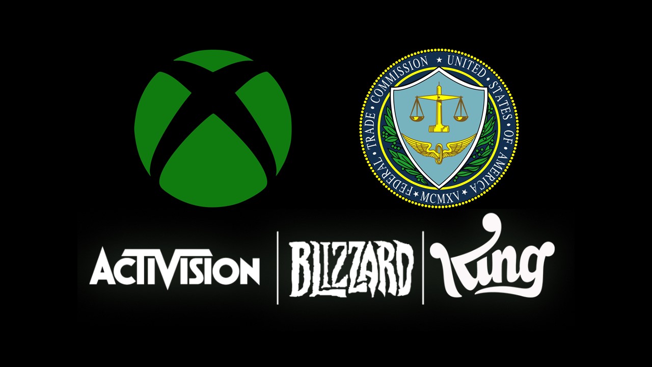 Xbox-, Activision Blizzard King- und FTC-Logos auf schwarzem Hintergrund