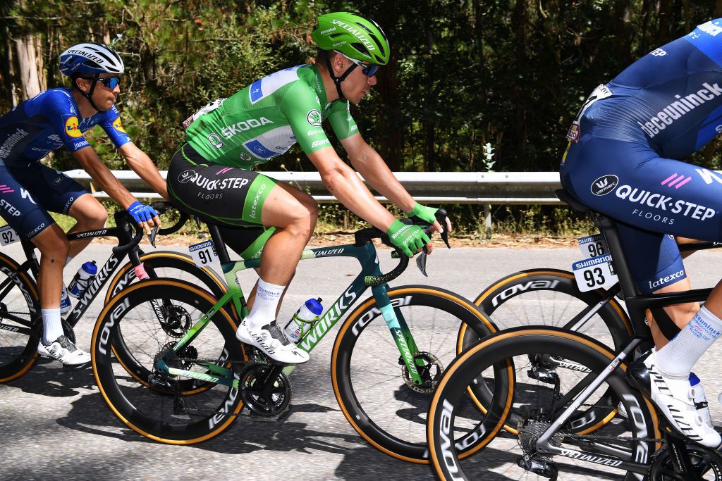 MOS SPAIN SEPTEMBER 04 Fabio Jakobsen of Netherlands and Team Deceuninck QuickStep green points jersey competes during the 76th Tour of Spain 2021 Stage 20 a 2022km km stage from Sanxenxo to Mos Alto Castro de Herville 502m lavuelta LaVuelta21 on September 04 2021 in Mos Spain Photo by Tim de WaeleGetty Images