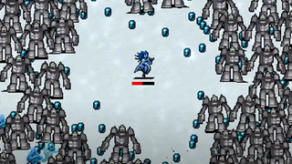 An image of a warrior in Vampire Survivors, standing in a snow-stricken field, surrounded by menacing golems.