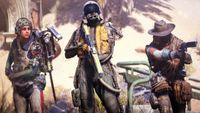 Arc Raiders loot guide: Three raiders standing shoulder to shoulder in Buried City. The one of the left is reaching for something in their pocket, the character in the middle, wearing an astronaut helmet, is casually looking up, while the one on the right in cowboy attire is aiming their pistol.