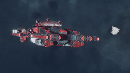 A Starfield ship flies through space with a floating asteroid next to it.