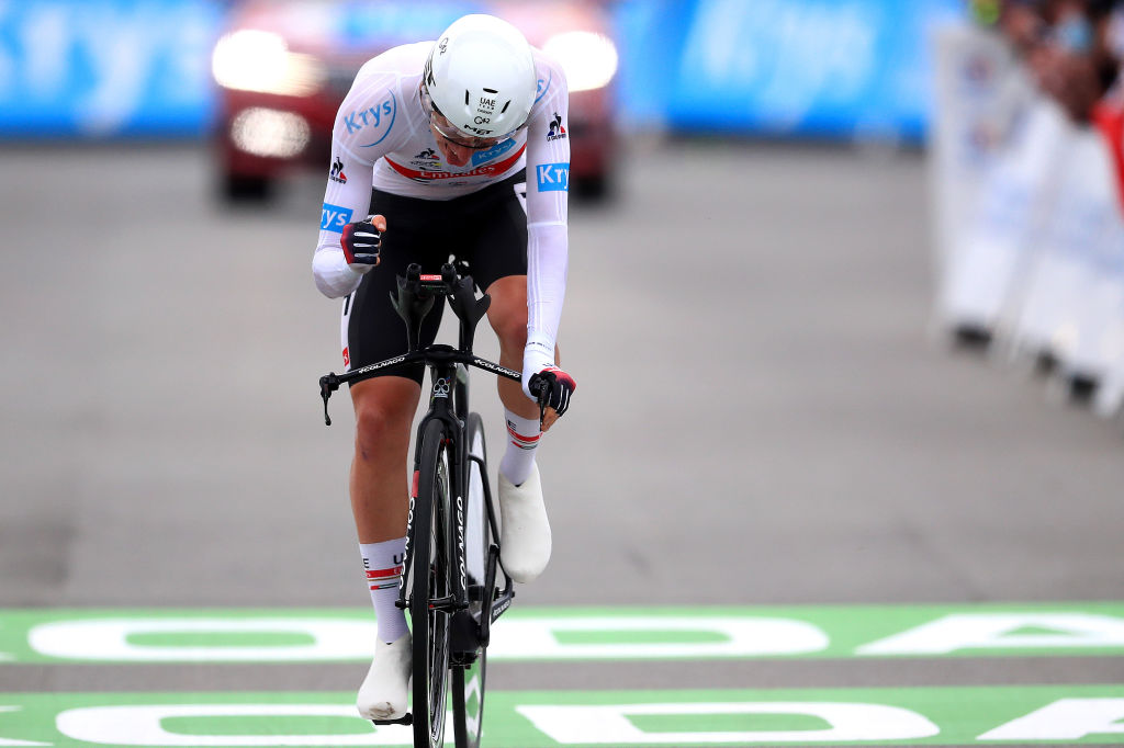 LAVAL ESPACE MAYENNE, FRANCE - JUNE 30: Tadej Pogačar of Slovenia and UAE-Team Emirates White Best Young Rider Jersey celebrates at arrival during the 108th Tour de France 2021, Stage 5 a 27,2km Individual Time Trial stage from Changé to Laval Espace Mayenne 90m / ITT/ @LeTour / #TDF2021 / on June 30, 2021 in Laval Espace Mayenne, France.