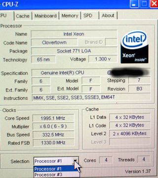 CPU-Z shows all the technical chip specs. We've blocked out the original clock speed at Intel's request.