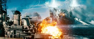 Invaders attack a naval ship in "Battleship."