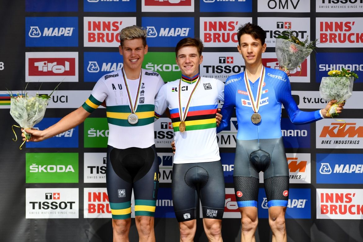 The final podium of Lucas Plapp, Remco Evenepoel and Andrea Piccolo (L-R)