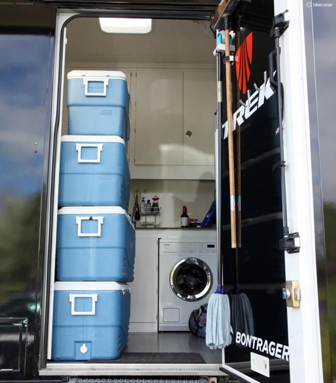 The soigneurs' area of the Trek Factory Racing truck includes a full-sized washer. And yes, there appears to be a bottle of wine on the counter because you never know when it's time to celebrate