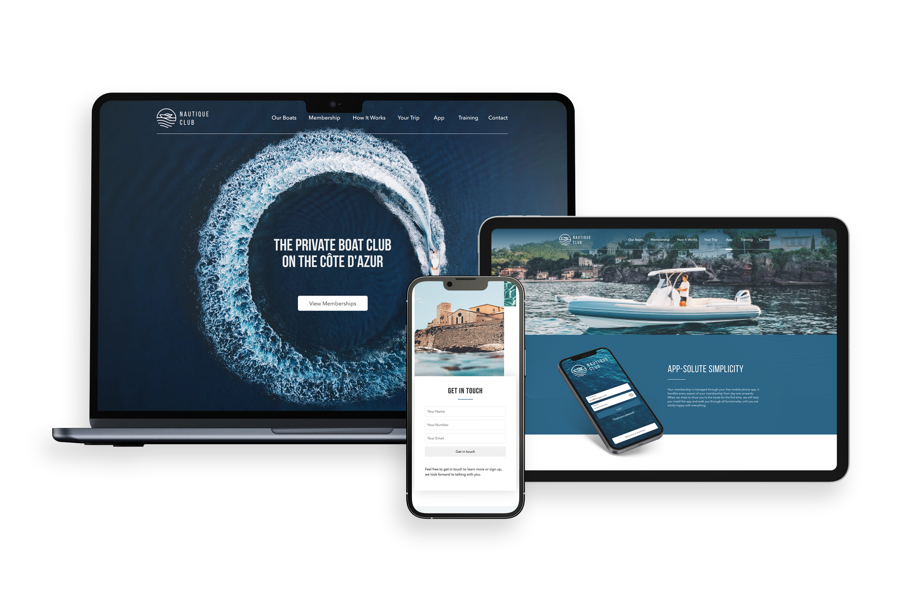 a laptop, phone and a tablet with branding on it related to a boat