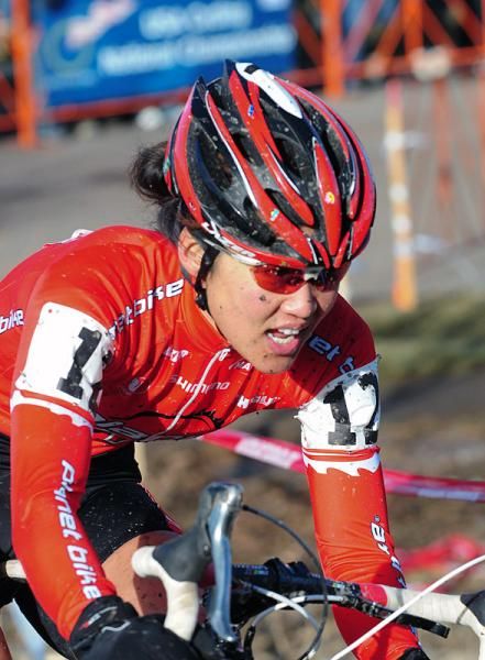 Linda Sone (Planet Bike) heading out onto the frozen course.