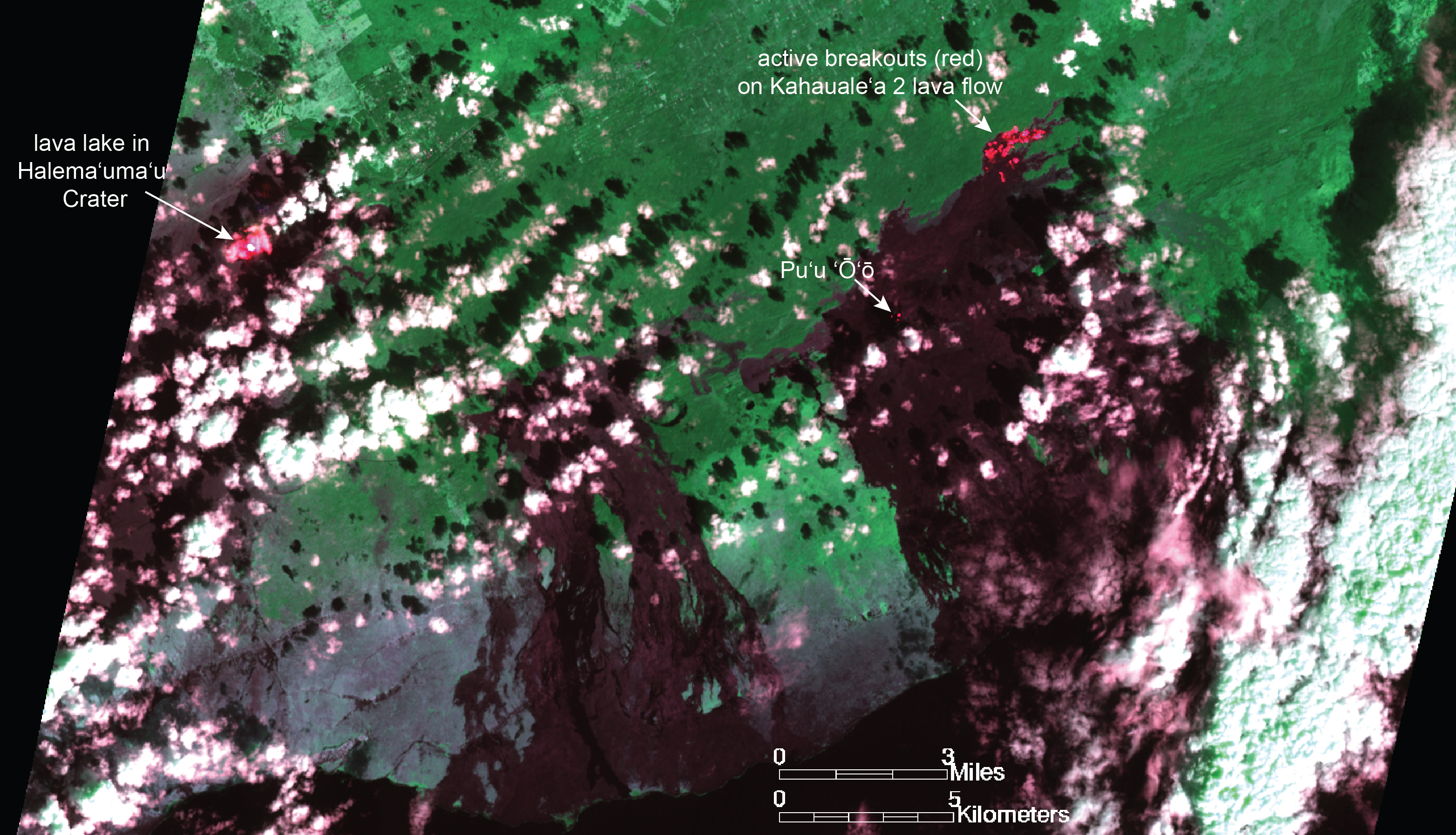 The ongoing eruption at Kilauea volcano's East Rift Zone is cutting a swath through a forest and building cones from lava "spatter."