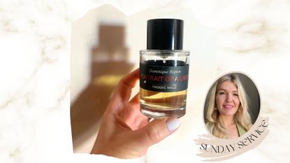A hand holding portrait of a lady perfume against a peach backdrop beside an image of beauty editor Fiona McKim and a banner reading Sunday Service