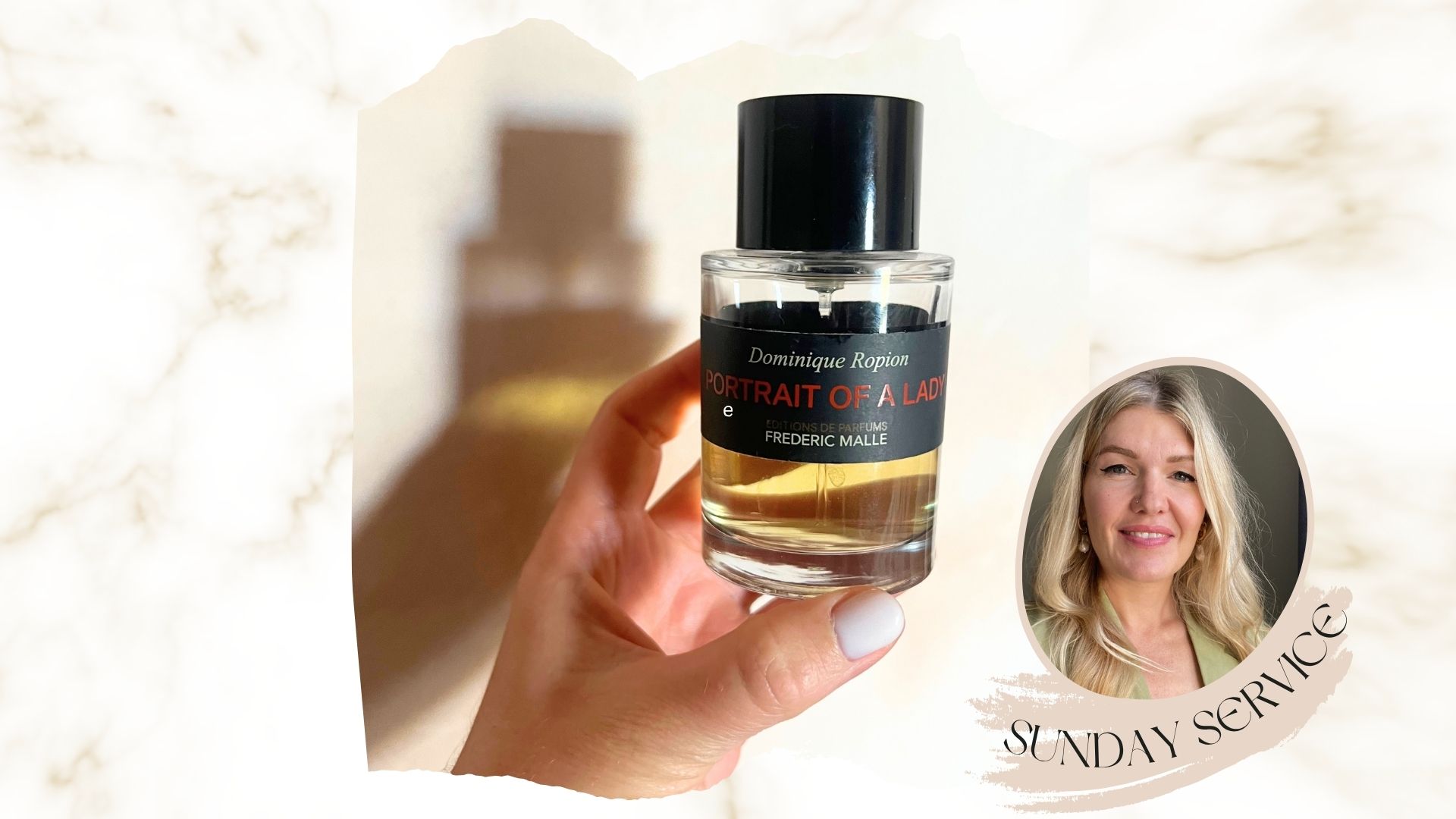 A hand holding portrait of a lady perfume against a peach backdrop beside an image of beauty editor Fiona McKim and a banner reading Sunday Service