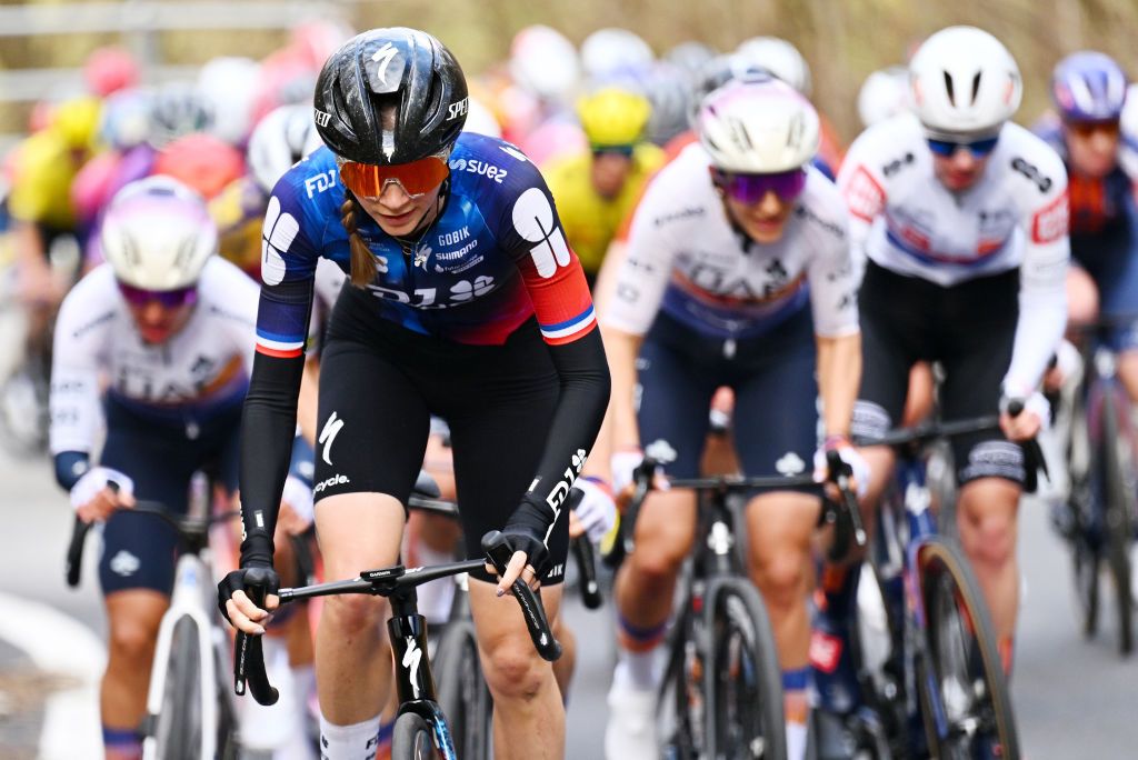 CITTIGLIO ITALY MARCH 16 Evita Muzic of France and Team FDJ SUEZ leads the peloton during the 26th Trofeo Alfredo BindaComune di Cittiglio 2025 Womens Elite a 152km one day race from Luino to Cittiglio UCIWWT on March 16 2025 in Cittiglio Italy Photo by Luc ClaessenGetty Images