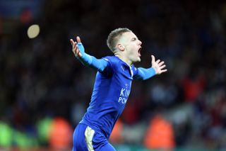 Jamie Vardy celebrates after scoring for Leicester City against Liverpool in February 2016.