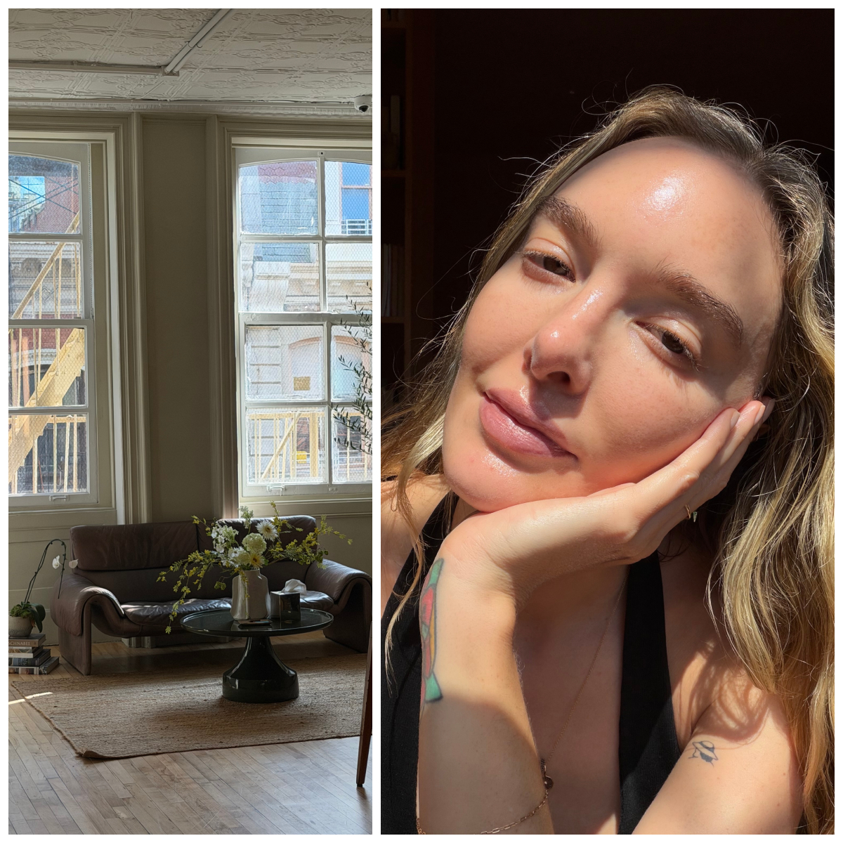 the left features a NYC loft apartment, the right is a woman leaning on her hand with the sun on her face