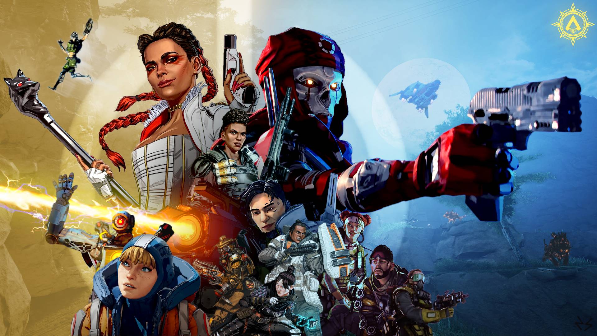 A collage of different Apex legends characters, against a gold and blue background