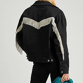 black denim jacket with beaded trim at back