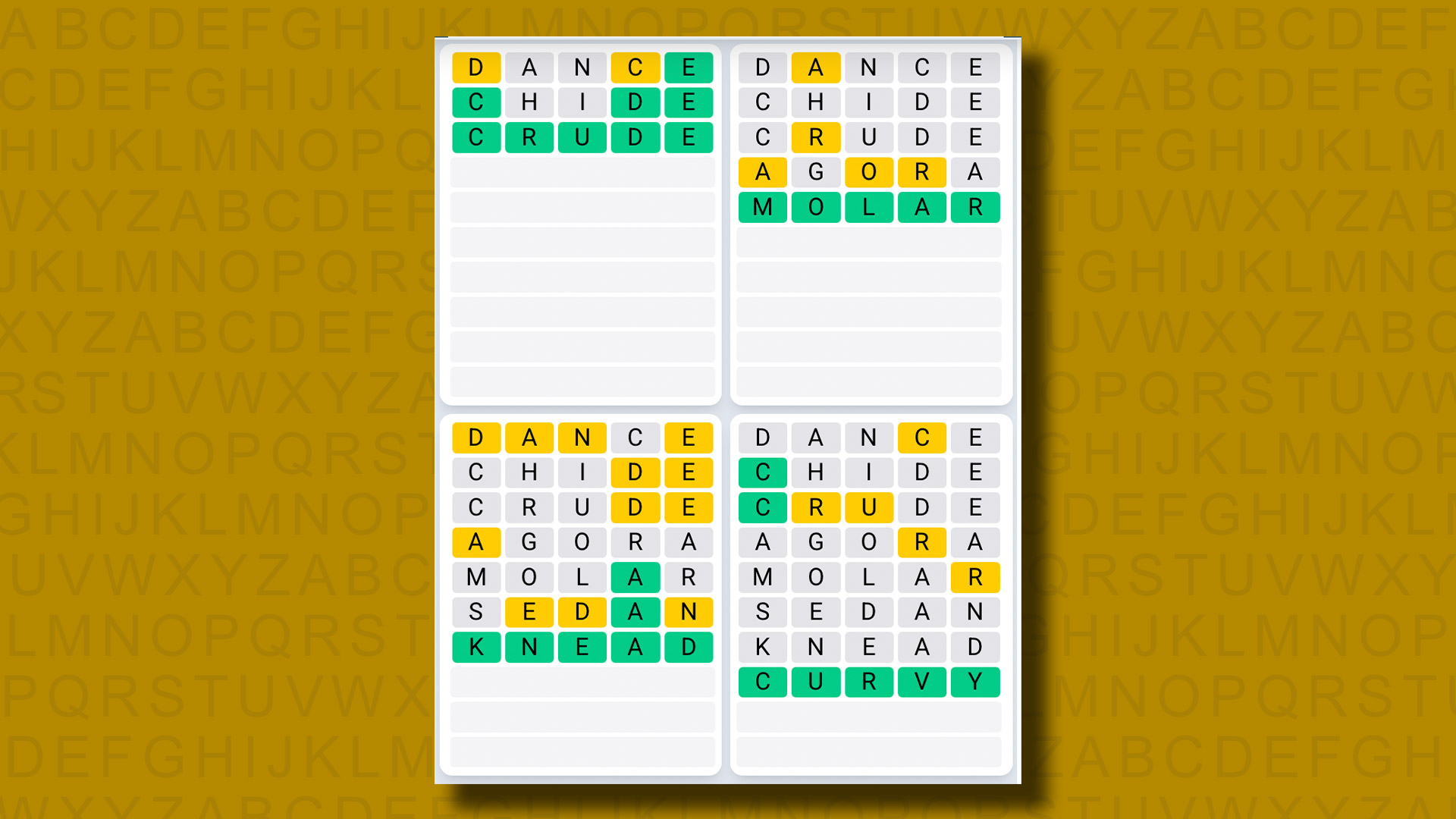 Quordle Daily Sequence answers for game 1194 on a yellow background