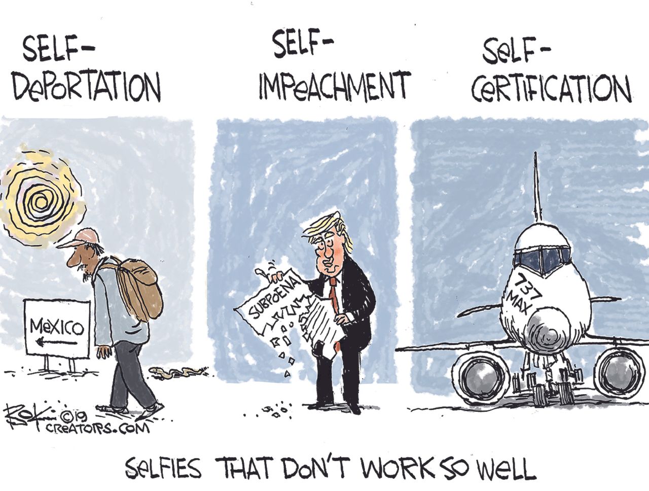 Political Cartoon U.S. Trump selfies deportation impeachment 737 max jet&amp;amp;nbsp;