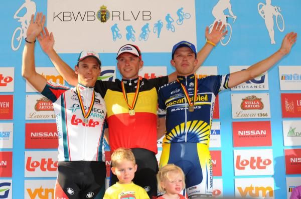 The Belgian men's podium: Philippe Gilbert, Stijn Devolder and Frederik Veuchelen