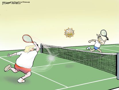 Political Cartoon U.S. Trump dems play tennis bounce back coronavirus blame