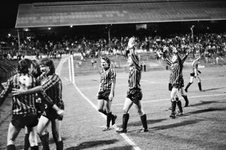 Altrincham players celebrate after beating Birmingham City in the FA Cup, 1986