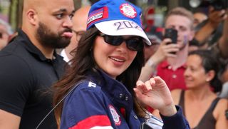 Kendall Jenner cheers for Simone Biles of USA during the Artistic Gymnastics Women's All-Around Final on day six of the Olympic Games Paris 2024 at Bercy Arena on August 1, 2024 in Paris, France.