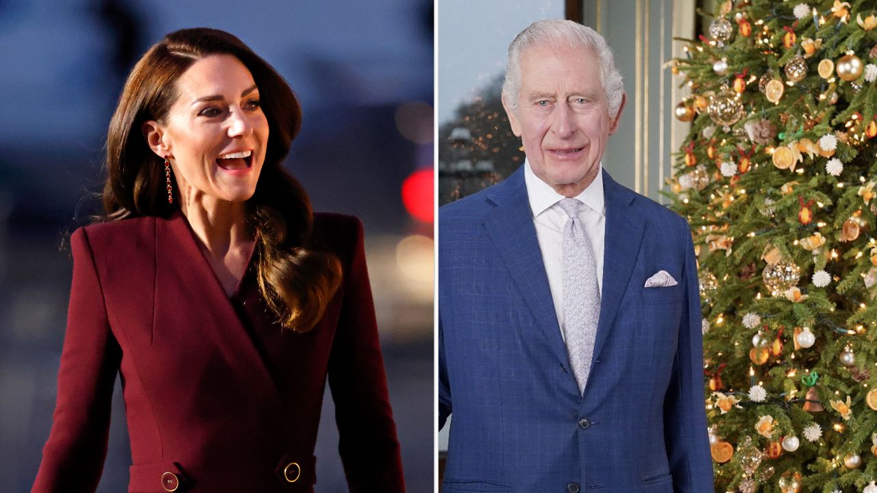 Kate Middleton wears a long red coat as she attends the Christmas Carol concert and King Charles smiles next to a Christmas tree in Buckingham Palace