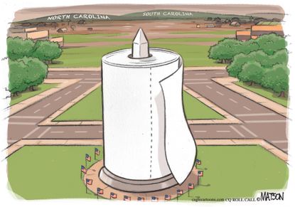 Political cartoon U.S. Trump Hurricane Florence North South Carolina flooding paper towels Washington Monument