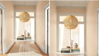 hallway with white coffee table and rattan pendant light with peachy pink paint color idea for a hallway