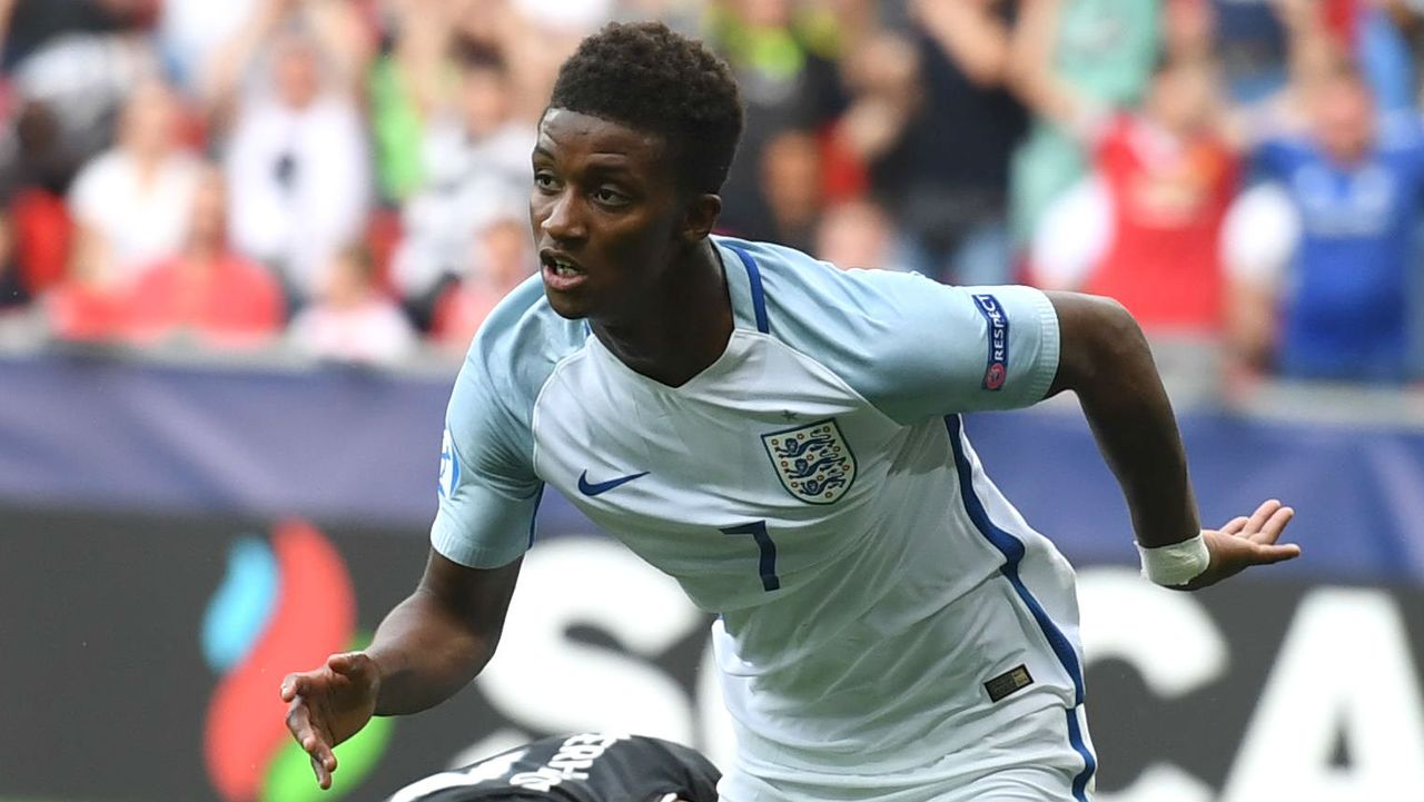 Demarai Gray celebrates after scoring for England U-21