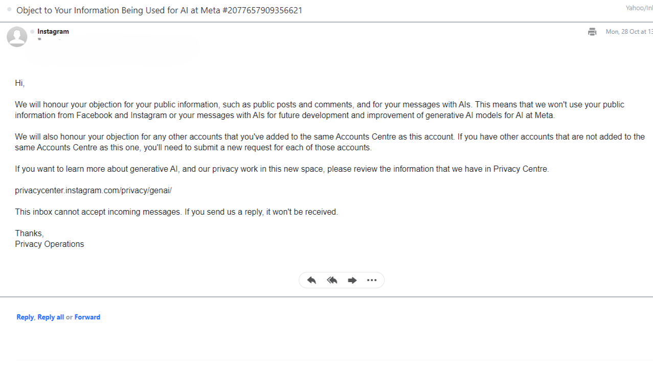 El correo electrónico de confirmación de Meta AI honrará la interceptación de Instagram