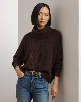 Aran Knit Wool Blend Turtleneck Sweater