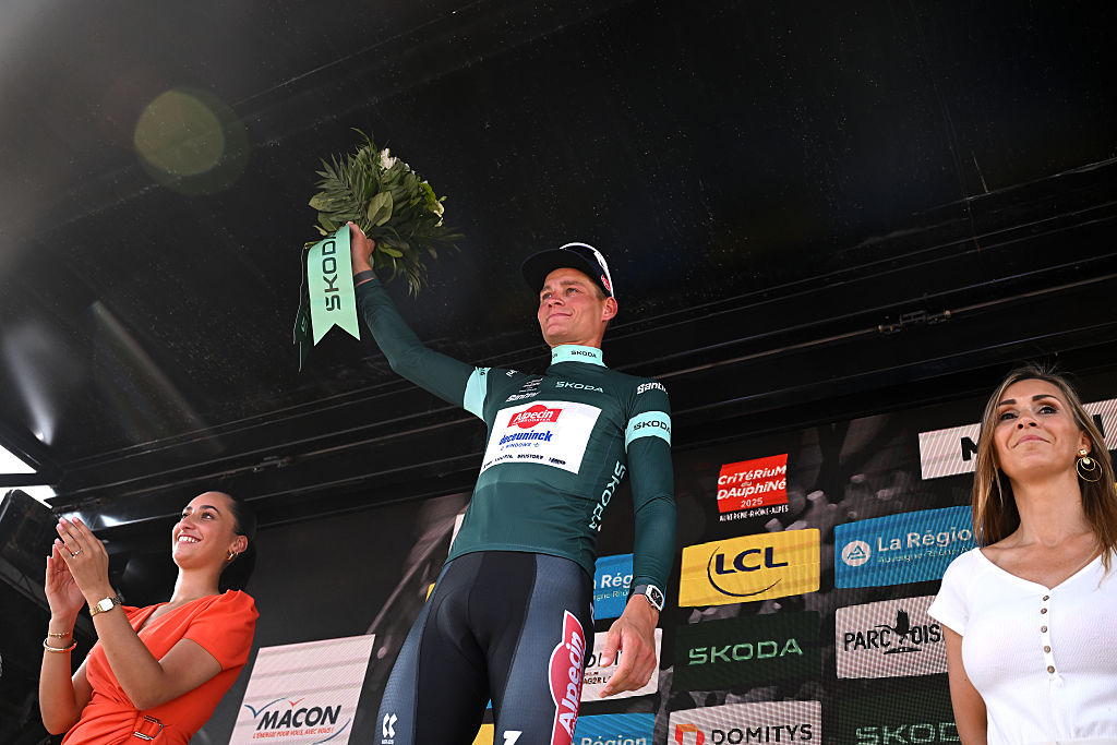 MACON, FRANCE - JUNE 12: Mathieu van der Poel of Netherlands and Team Alpecin - Deceuninck - Green Points Jersey celebrates at podium during the 77th Criterium du Dauphine 2025, Stage 5 a 183km stage from Saint-Priest to Macon / #UCIWT / on June 12, 2025 in Macon, France. (Photo by Dario Belingheri/Getty Images)