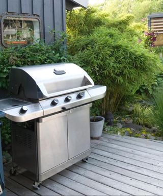 A large silver barbecue with a lid on gray wooden bedding, with a dark gray shed behind it and tall green bamboo plants behind it too