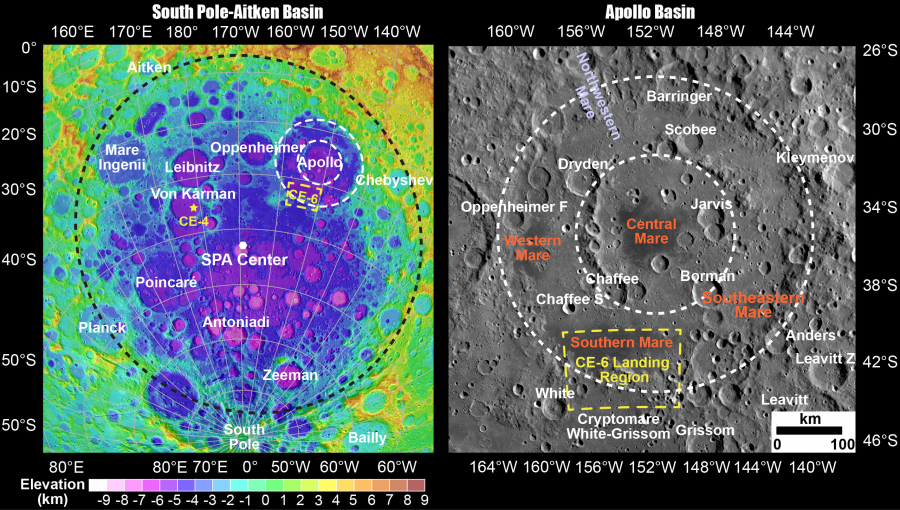 A diagram showing different areas of the moon.