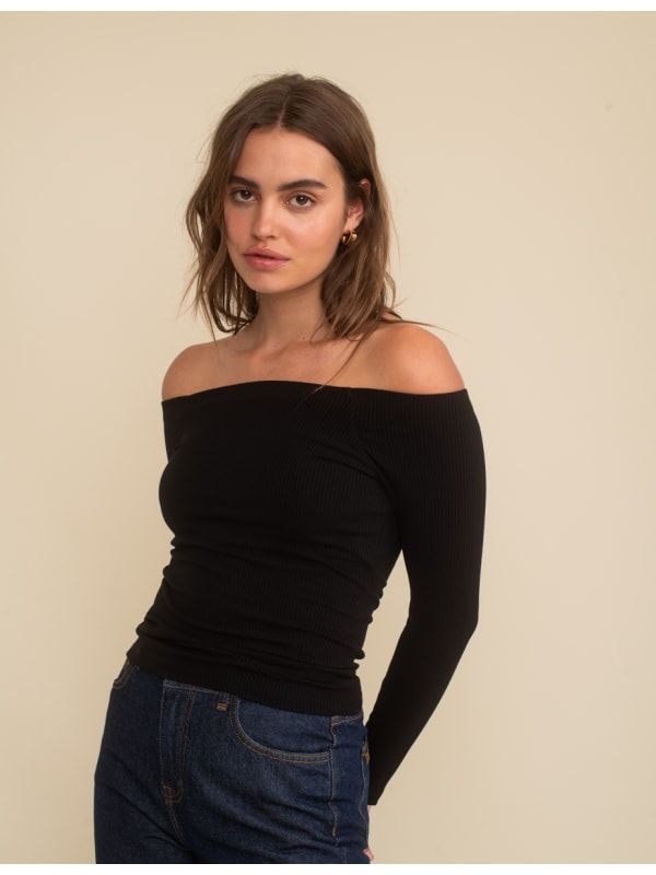 Black Long Sleeve Bardot Top