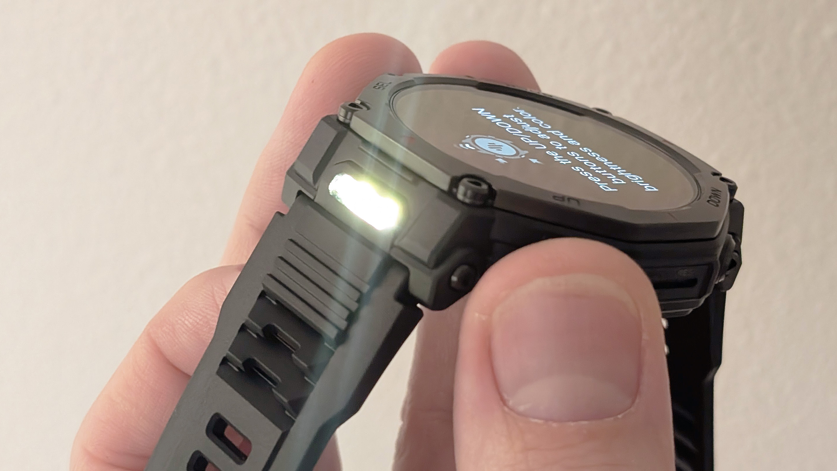 Close-up of the Amazfit T-Rex 3 Pro rugged smartwatch