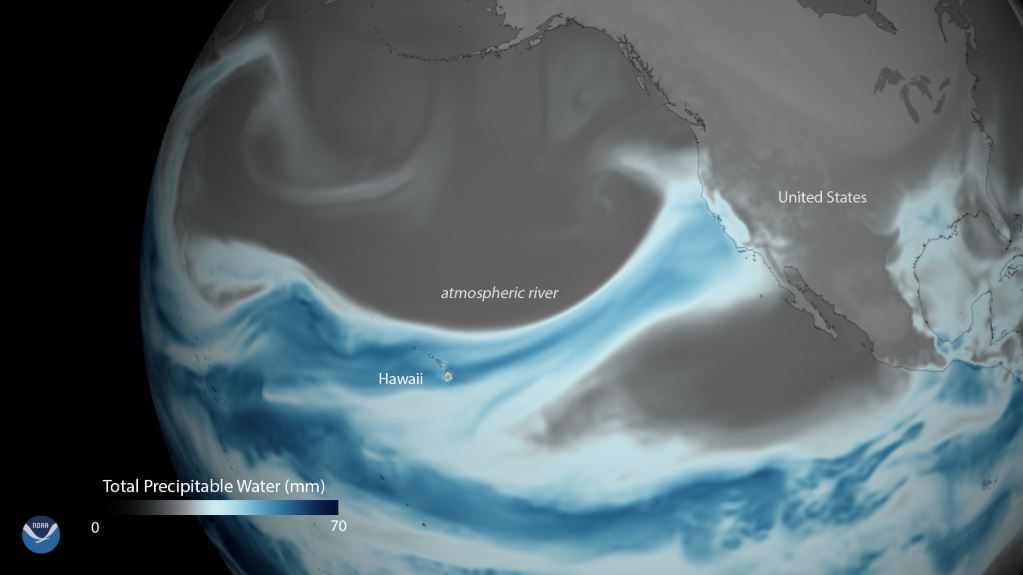 &quot;Atmospheric rivers&quot; bring plumes of moisture from the tropics to the Western U.S. Above, a visualization of an atmospheric river event from 2018.