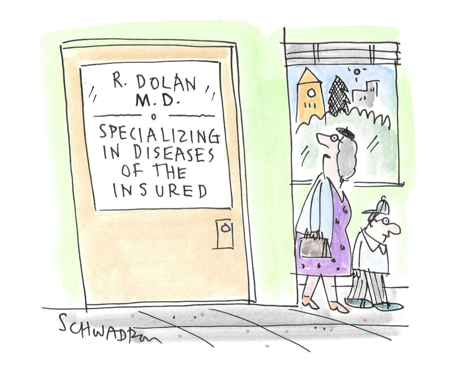 A woman and child walk past a doctor&amp;rsquo;s office and the mother looks at the door. It reads, &amp;ldquo;R. Dolan MD. Specializing in diseases of the insured.&amp;rdquo;