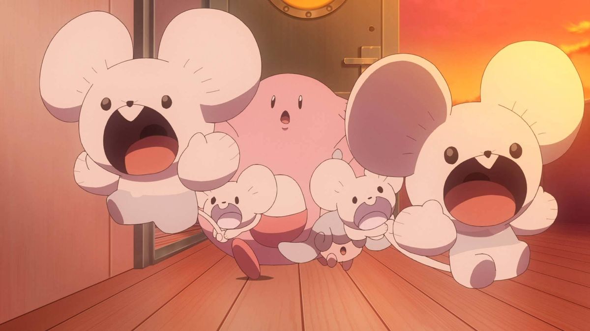 A family of four Maushold seen in the Pokemon anime, stood with a Chansey and Hatenna.