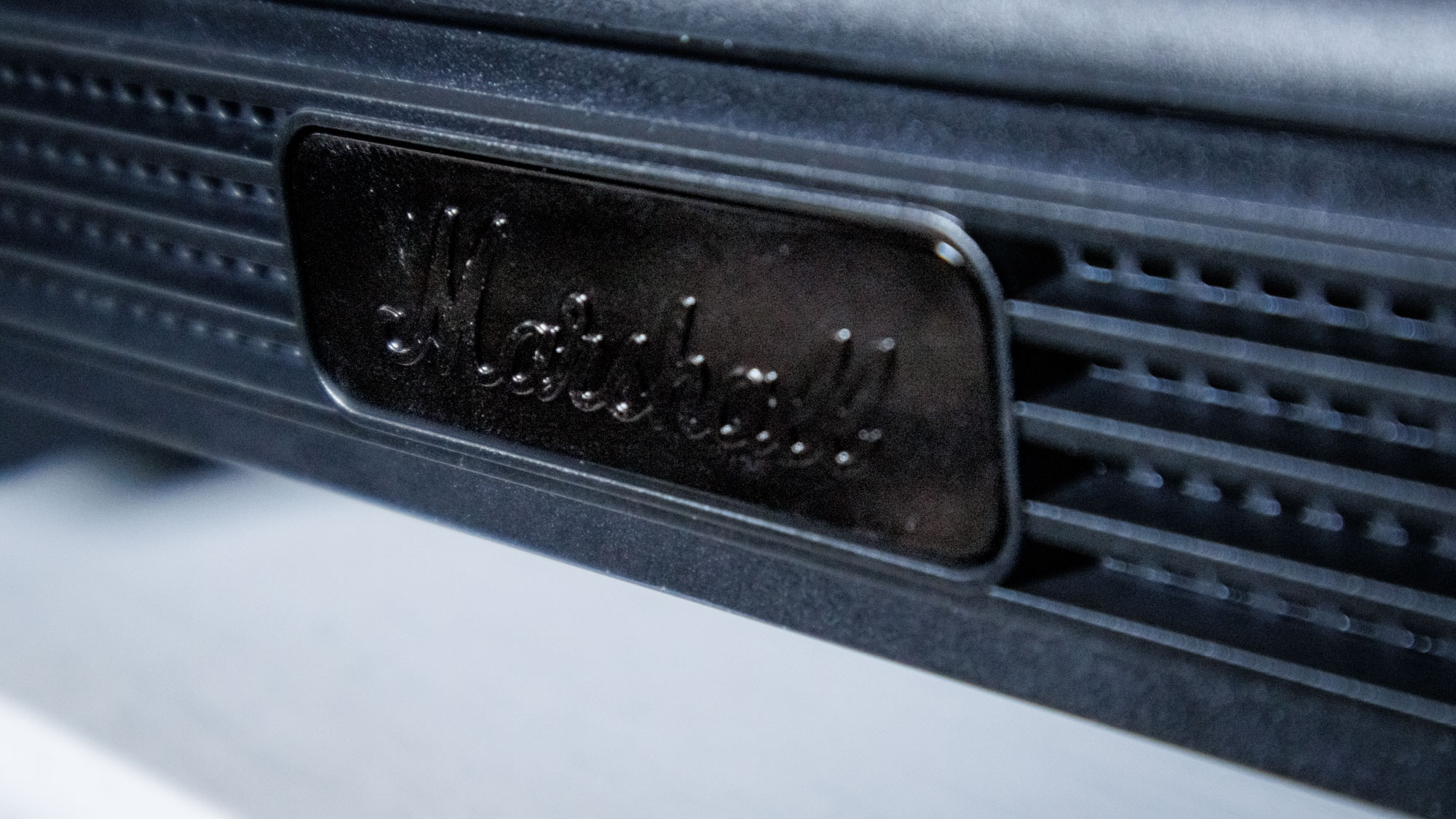 The Marshall logo badge on aHeston 120 soundbar.