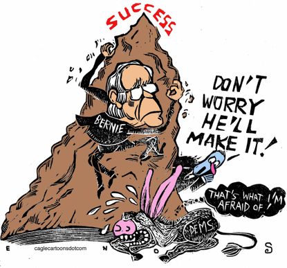 Political Cartoon U.S. Bernie Sanders Democratic Primary DNC mountain 2020 elections dems